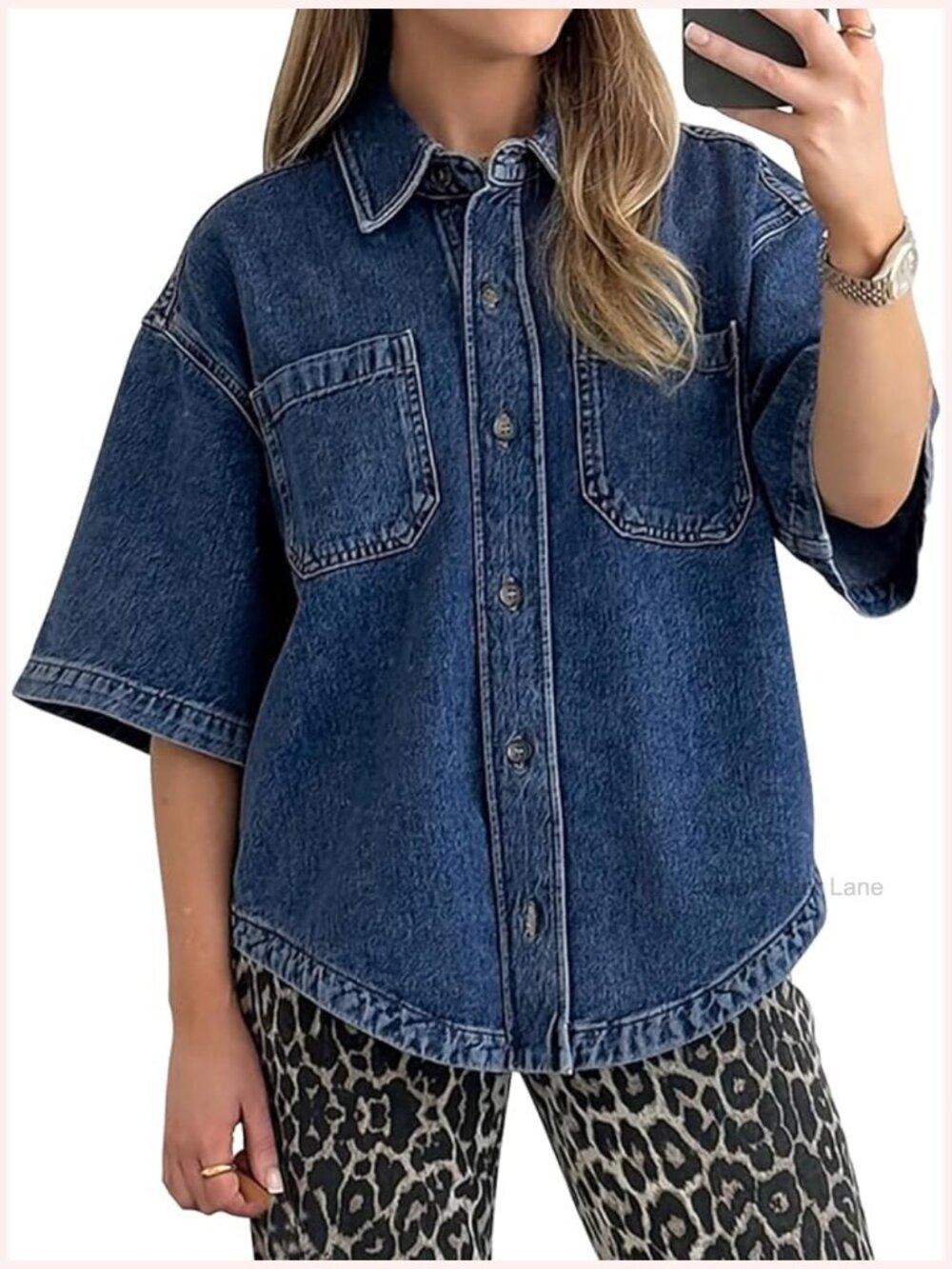 Women's Crop Denim Shirt Button Down Short Sleeve Oversized Jean Top - Picture 1 of 7